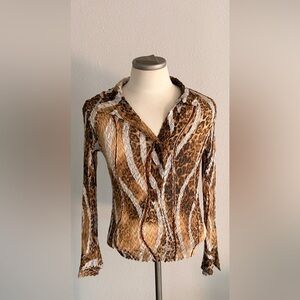 Cache Brown and Tan Animal Print Split Sleeve Blouse Large